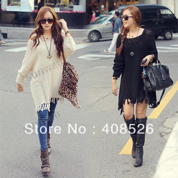 Korean Womens Fringed Hem Loose Batwing Sweater Dress Long Knitted Sweater Tops Outerwear ree shipping 10075