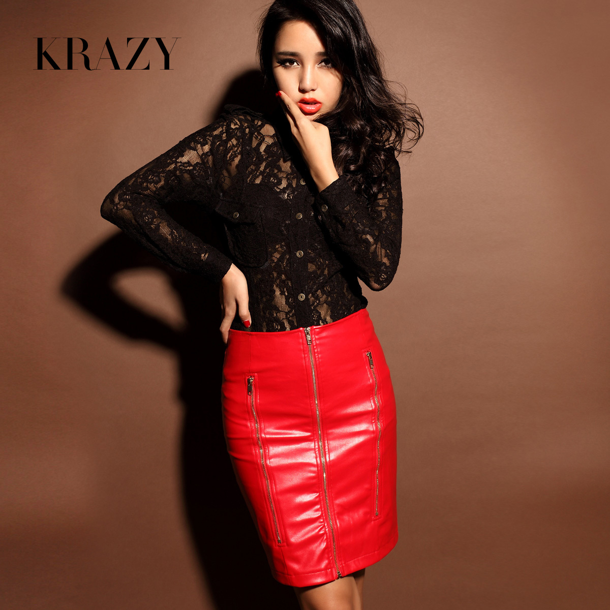 Krazy fashion vintage normic zipper leather high waist bust skirt a-line skirt sexy leather skirt 620