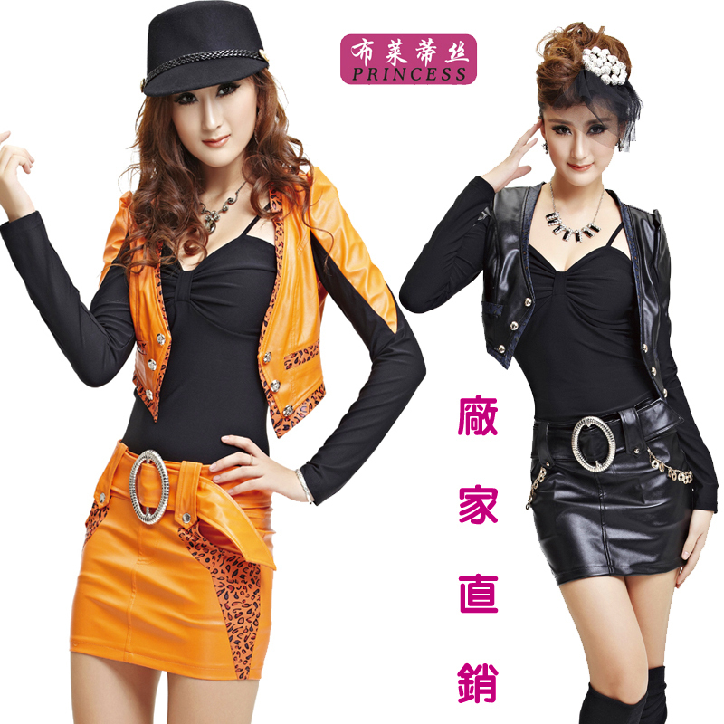 Ktv sexy slim hip piece set leather clothing sexy long-sleeve dress 983