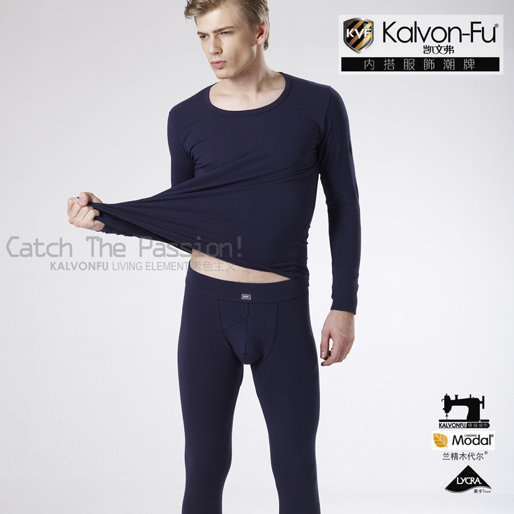 Kvf kevils double layer cuff men's modal fashion o-neck thermal underwear set 5131