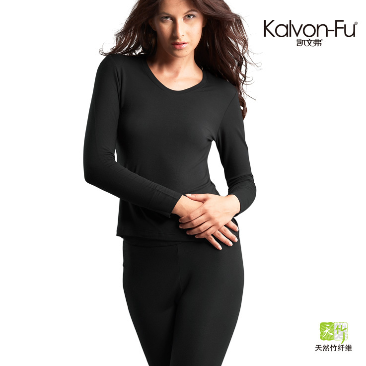 Kvf kevils women's fashion o-neck body shaping bamboo charcoal fiber thermal underwear set 7085