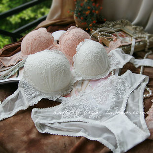 La enza sweet white embroidery small flowers three-dimensional lace push up underwear bra set