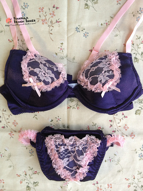 La m u Violet powder lace push up deep V-neck thin cup bra underwear set