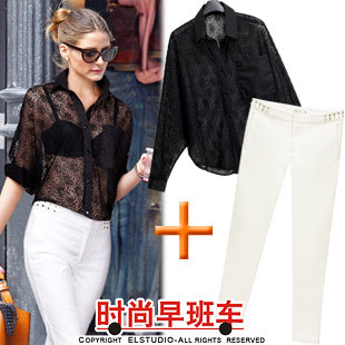 Lace cutout batwing sleeve shirt rivet leg pants western-style trousers bl681