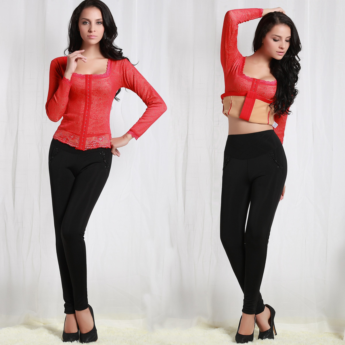 Lace decoration 3 breasted long-sleeve plus velvet thermal slim beauty care clothing split set tz121