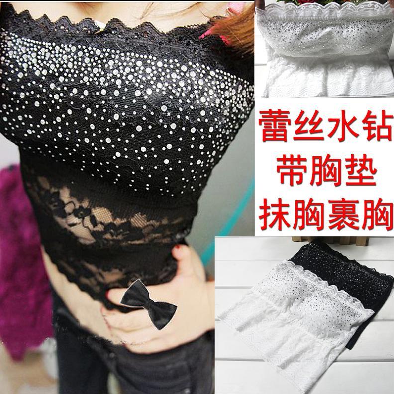 Lace decoration rhinestone slim belt pad tube top long design tube top underwear female basic top