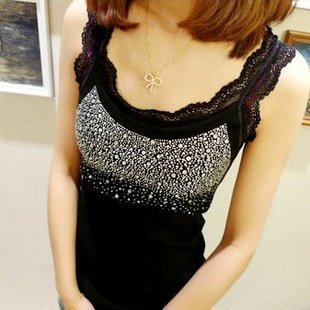 Lace decoration rhinestones solid color all-match spaghetti strap vest basic shirt tank