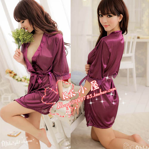 Lace decoration transparent nightgown sexy lacing sleep set women's temptation short skirt robe 7039