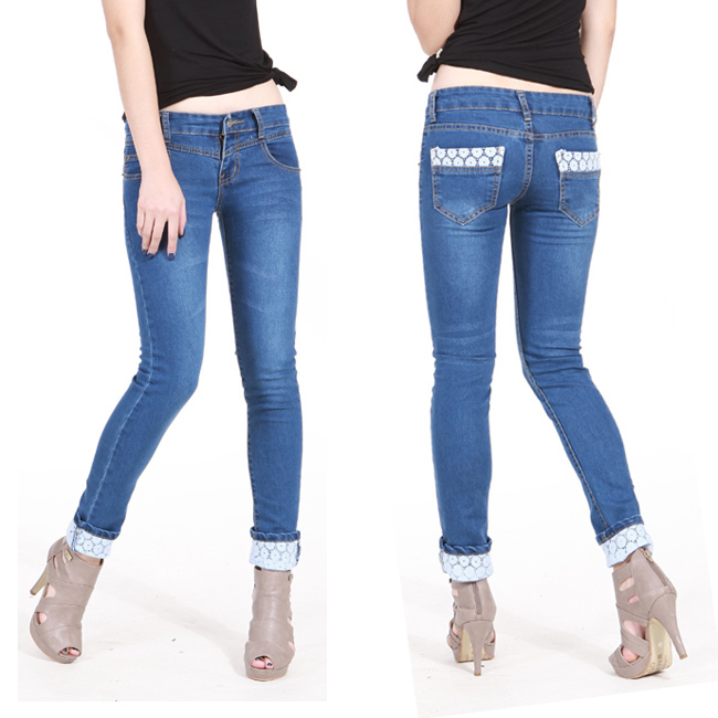 Lace decoration vintage blue tight elastic skinny pants roll up hem all-match denim trousers female