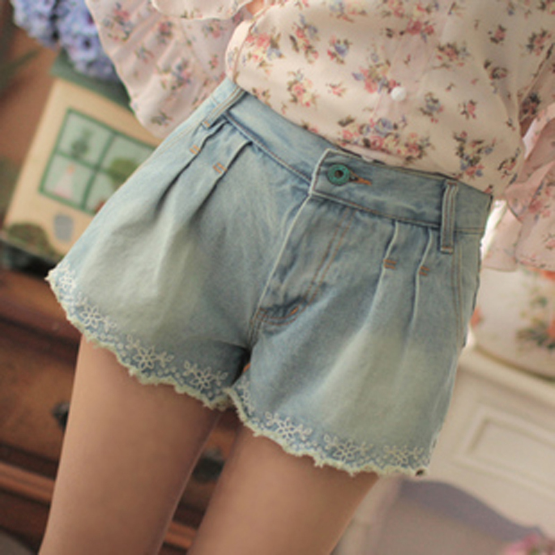 Lace embroidery laciness behind the bow denim short trousers 2012 spring and summer women's