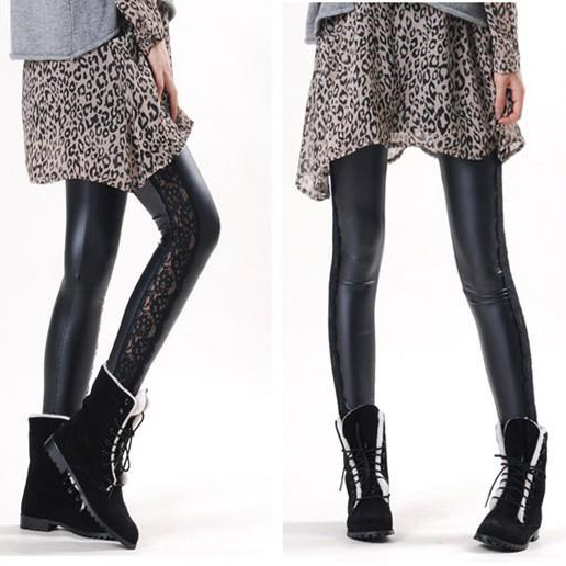 Lace faux leather pants legging female pencil pants ankle length trousers lengthen plus size spring and autumn