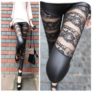 Lace flower thin faux leather horizontal stripe double ankle length legging ankle length trousers