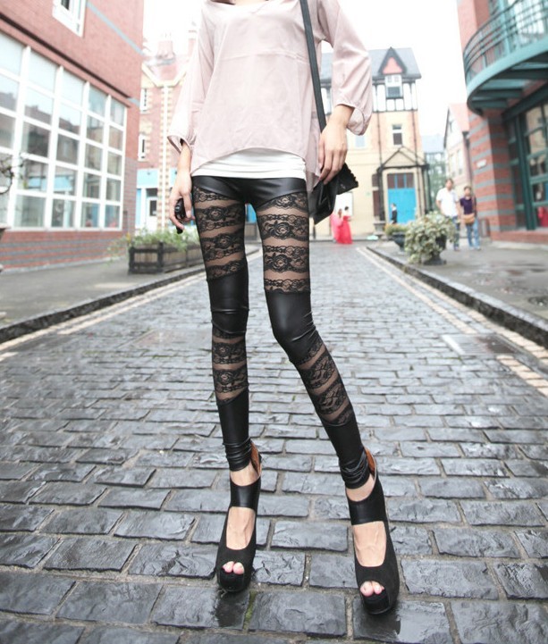 Lace legging faux leather horizontal stripe double ankle length legging female free shiping fashion Leggings