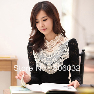 lace long-sleeve top slim lace basic shirt pearl necklace  (6071 )