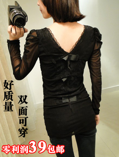 Lace puff sleeve V-neck bow slim long-sleeve basic shirt t-shirt before and after the gauze