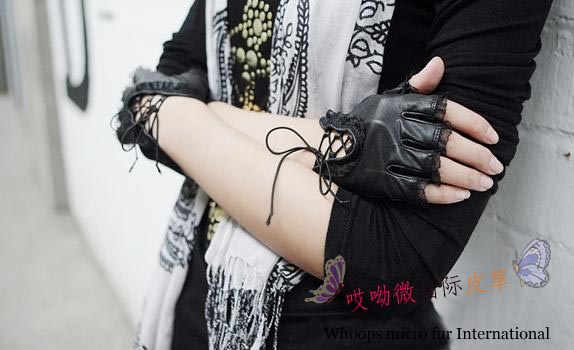 Lace semi-finger big fashion genuine leather gloves