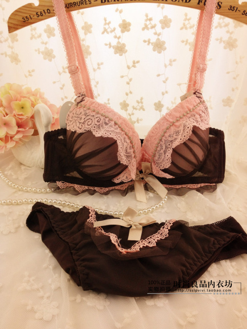 Lace small ruffle gauze bra women's single-bra underwear set deep V-neck push up sexy bra