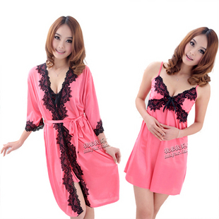 Lace spaghetti strap nightgown bathrobes sexy sleepwear twinset robe female summer silk sleepwear