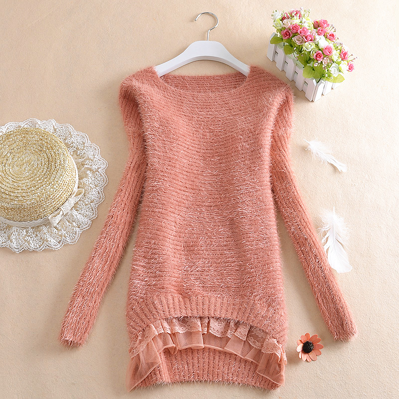 lace sweater women's loose o-neck medium-long sweater basic shirt