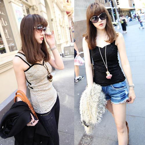 Lace vest spring and summer lace double layer slim sexy spaghetti strap basic small vest Women 2