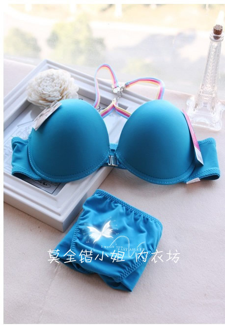 Lacing front button type hasp sexy glossy female thickening push up bra set underwear