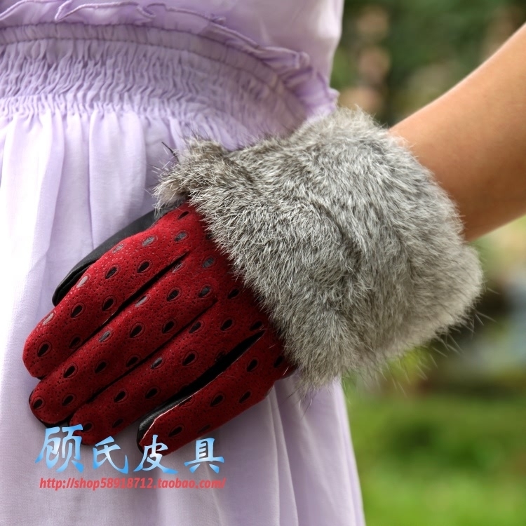 LACOSTE gloves female rabbit fur sheepskin gloves suede print genuine leather gloves dot