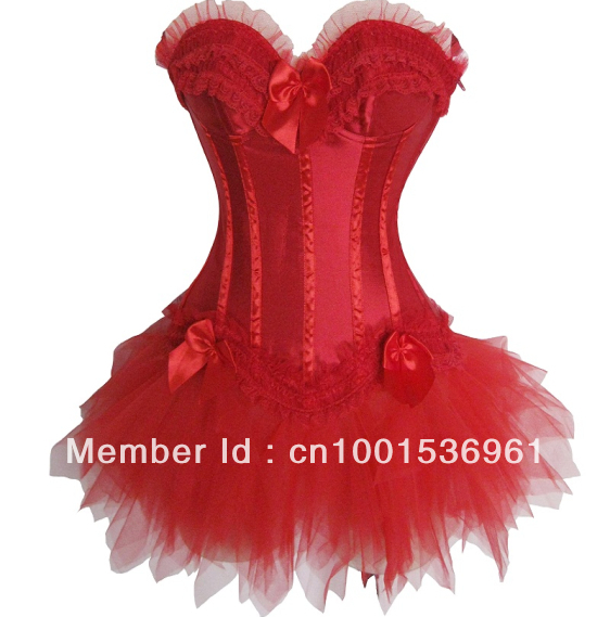 Ladie's  Sexy  Red Bow Lace  Lingeries Burlesque Corset  Tutu  skirt  With G-string Fancy dress Christmas Party Costume