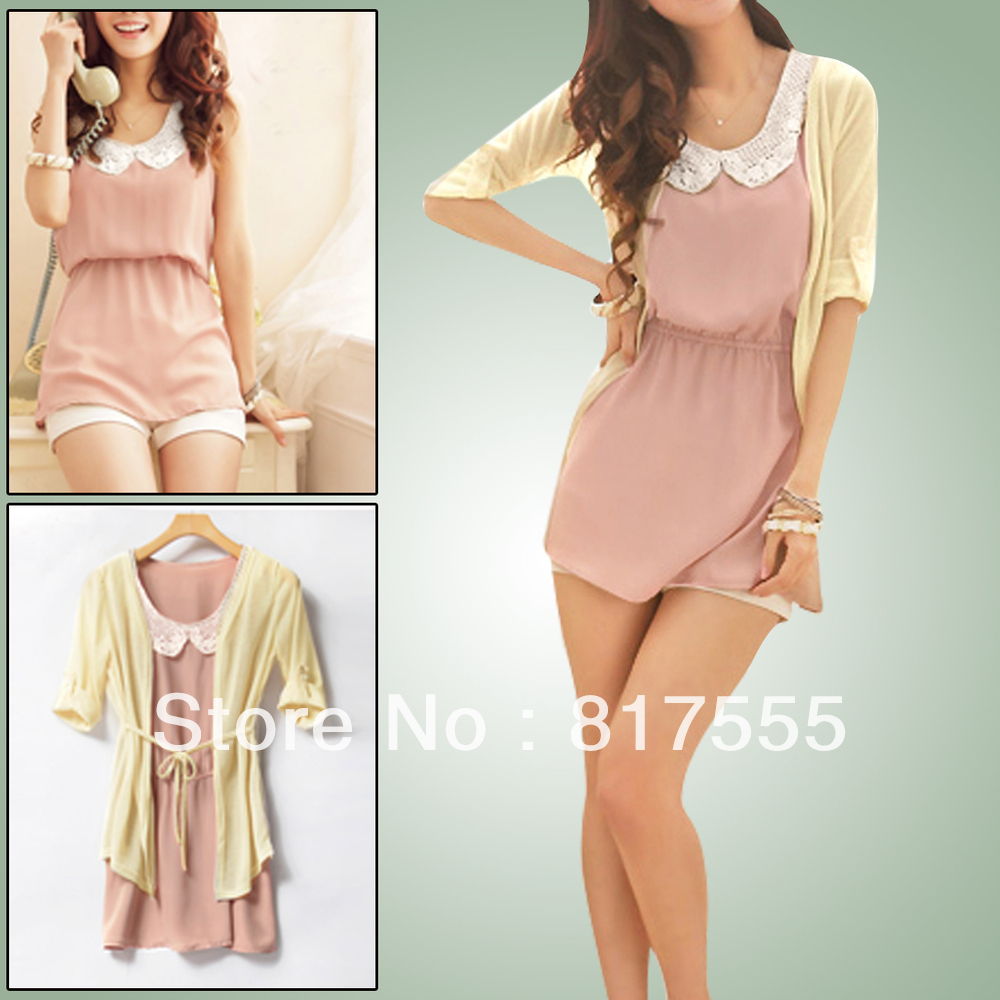 Ladies 2013 NEW Doll Collar Scoop Neck Sleeveless Pink Dress w Beige Coat