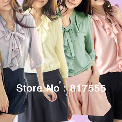 Ladies 3/4 Sleeve Flouncing Draped Pullover Summer Blouse Top Solid Color