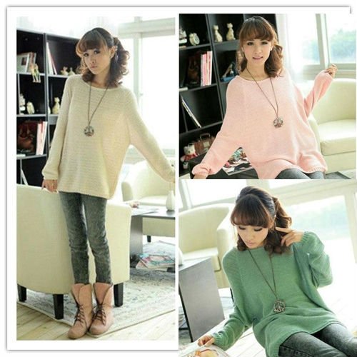 Ladies Batwing Round Neck Knitted Pullover Jumper Casual Loose Long Sweater 3654