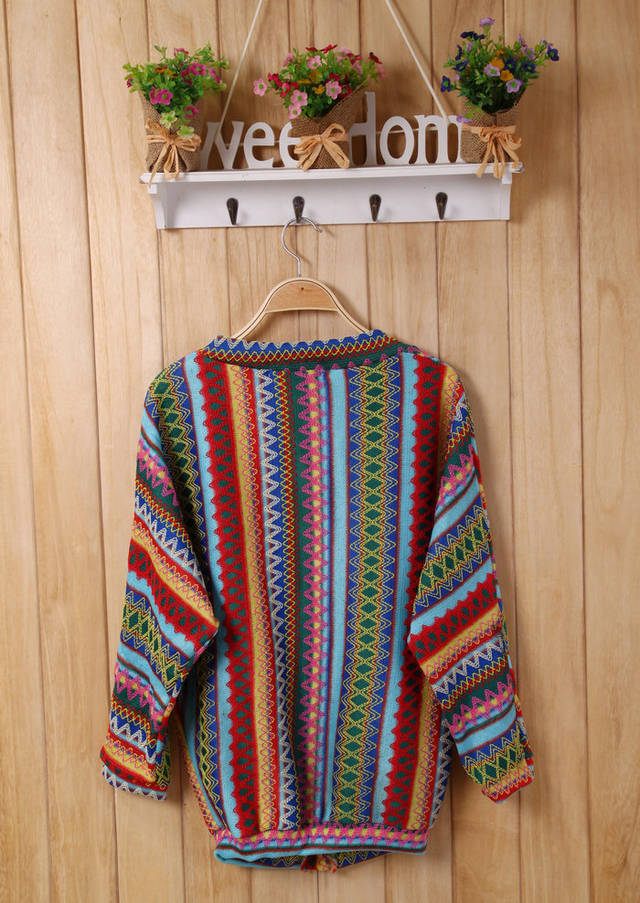 Ladies Boho Knitting Colorful Stripes V Neck Sweater Cardigan 2Colors