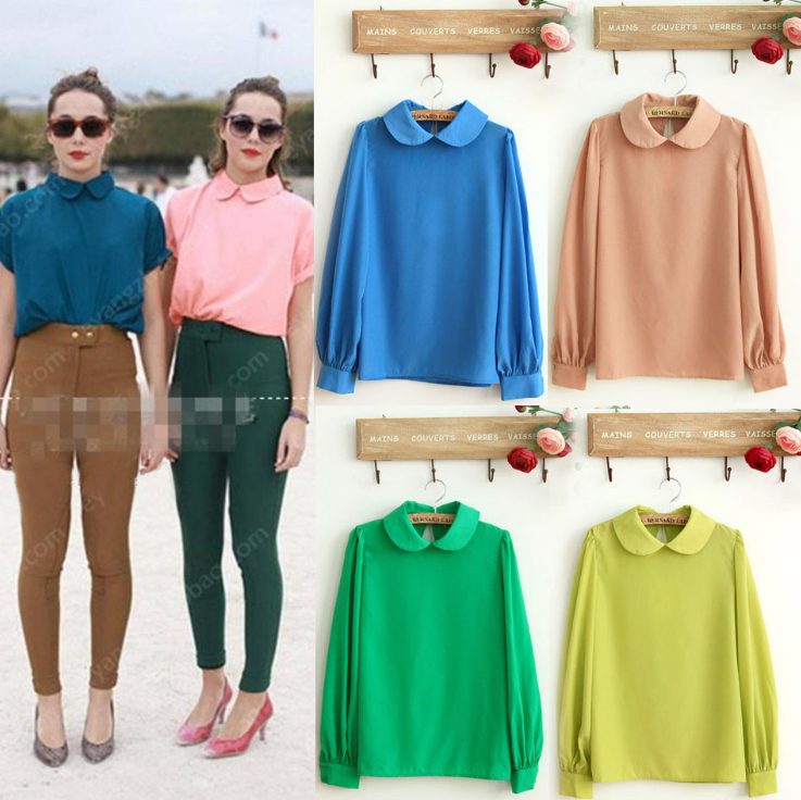 Ladies' Candy Color Peterpan Collar Long Sleeve Pullover Top Blouse