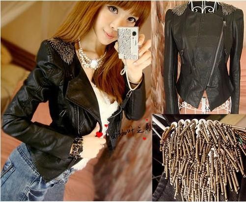 Ladies Charm epaulettes Slim new fashion black PU leather jacket