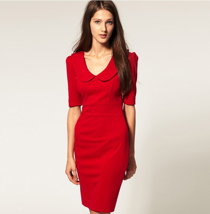 Ladies classical office dress red in cotton 2013 new model