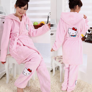 Ladies' coral fleece thicker nightgown twinset lady's towel robe sleepwear cartoon bathrobe pajamas for women