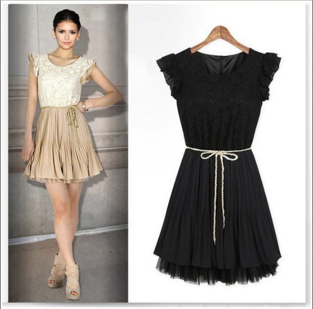 Ladies Fashion Slim Fit Thin Waist Ruffles Long Sleeve Lace Chiffon Dress DG7001