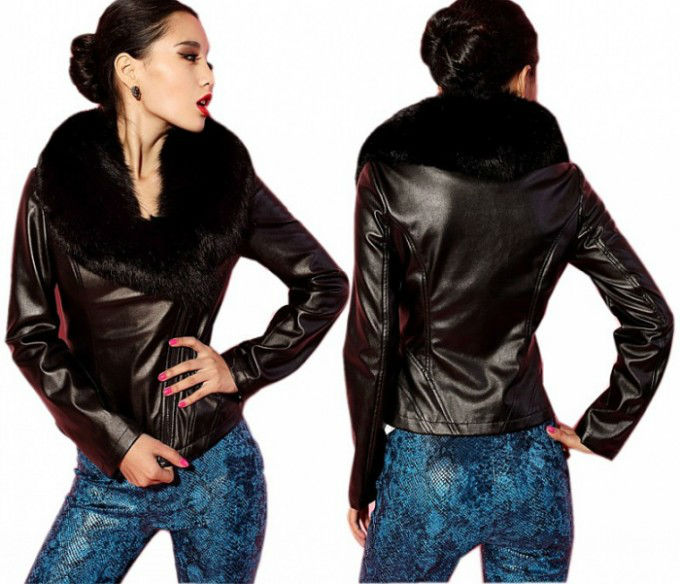 Ladies Faux Leather Rabbit Fur Luxury Huge Collar Fitted Moto Biker Jacket Coat Free Shipping Wholesale