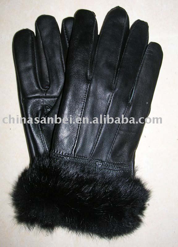 Ladies genuine leather glove sheep skin rabbit fur black