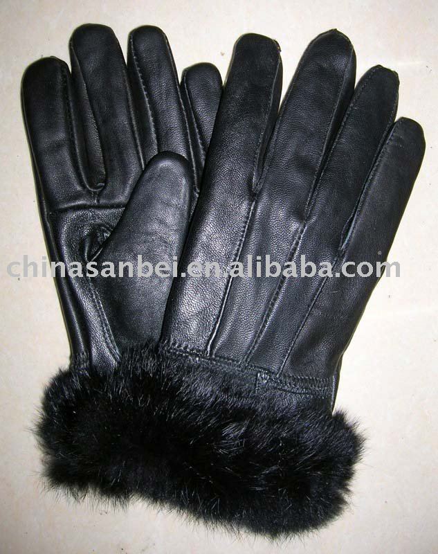 Ladies genuine leather glove sheep skin rabbit fur black