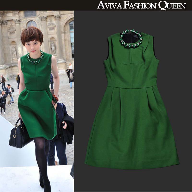 Ladies' Hot Fashion  women's vintage plus size slim green tank dress one-piece dress   Plus Size  autumn and winter