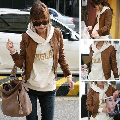 Ladies Korean Fashion Faux Leather Zip Up Short Coat Jacket