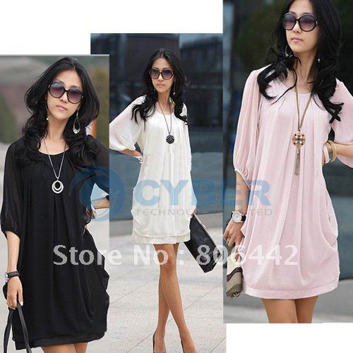 Ladies Korean sexy Sundress Graceful Gentlewomanly Chiffon Dress Bracelet Sleeve 3 Colors + Free Shipping