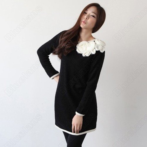 Ladies Korean Style Graceful Floral Rose Collar Fashion Long Sleeve one-piece dress