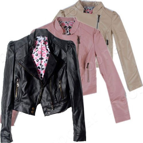 Ladies Lapel Pu Leather Outcoat Zipper Tops Coat Casual Motocycle Short Jackets E0795