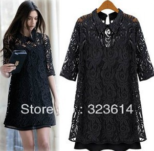 ladies' Lapel restoring ancient ways of sleeve bud silk hollow out twinset condole belt  dress,Free delivery