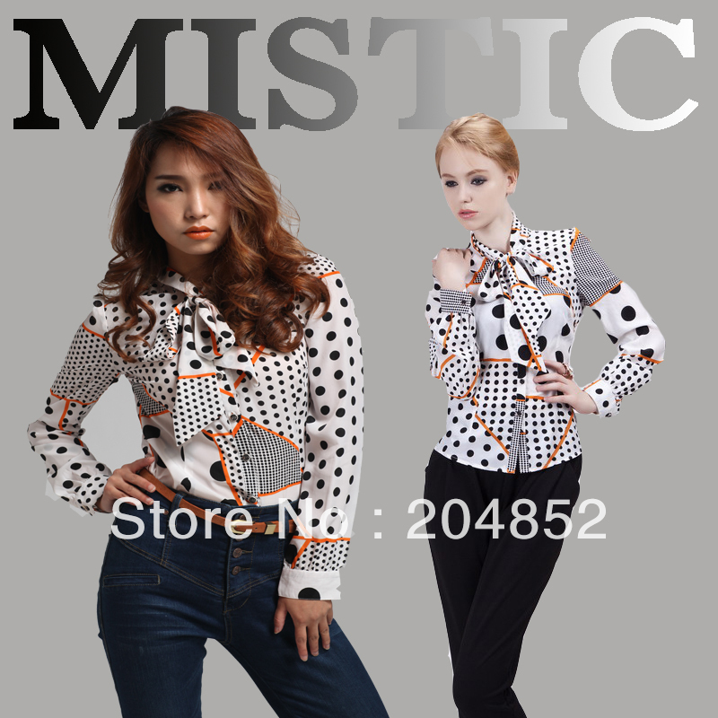 Ladies New Fashion Printed Long Sleeve With Bow Tie At Front  Blouse For Women