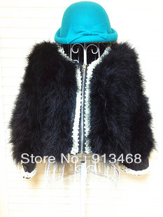 Ladies pearl rhinestone real fur ostrich wool turkey wool feather PU short jacket small