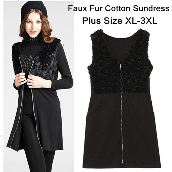 Ladies Plus Size Black Sleeveless Faux Fur Zipper Front Sundress Coats Pockets Sides Jumper Skirt Vest Outerwears Size XL-3XL