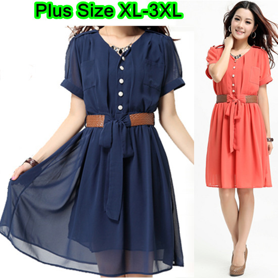 Ladies Plus Size Blue Orange Short Sleeve Button V-neck Pockets Fashion Summer Chiffon Dress with Belt Size XL-3XL