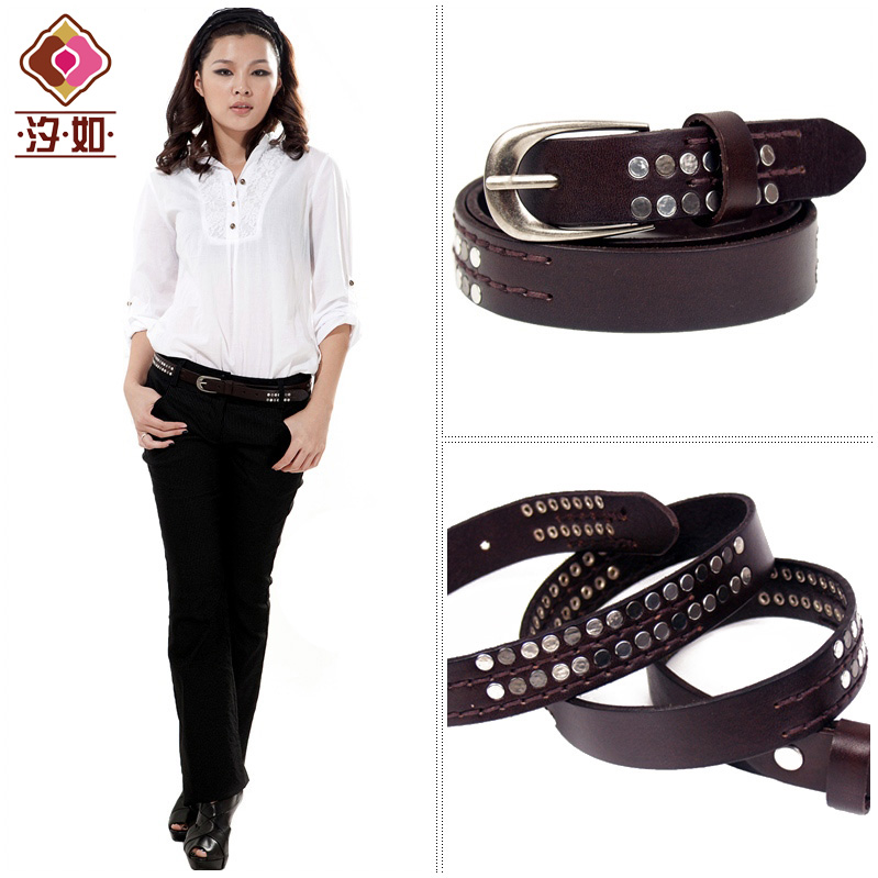 Ladies rivet studded  genuine leather  belt,handmade studded cowhide leather belt